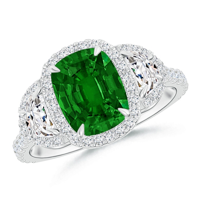 8x6mm AAAA Cushion Emerald and Half Moon Diamond Halo Ring in P950 Platinum