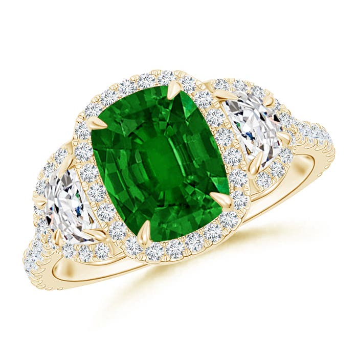 Cushion Emerald and Half Moon Diamond Halo Ring | Angara