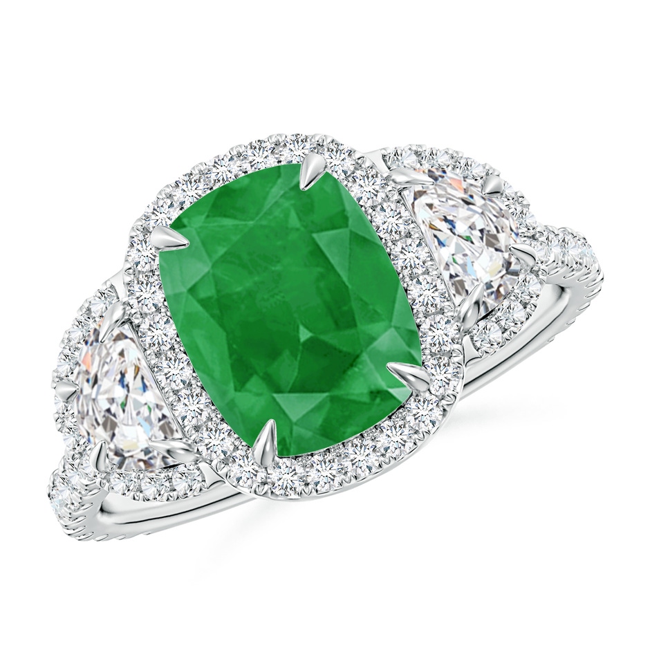 9x7mm A Cushion Emerald and Half Moon Diamond Halo Ring in P950 Platinum 