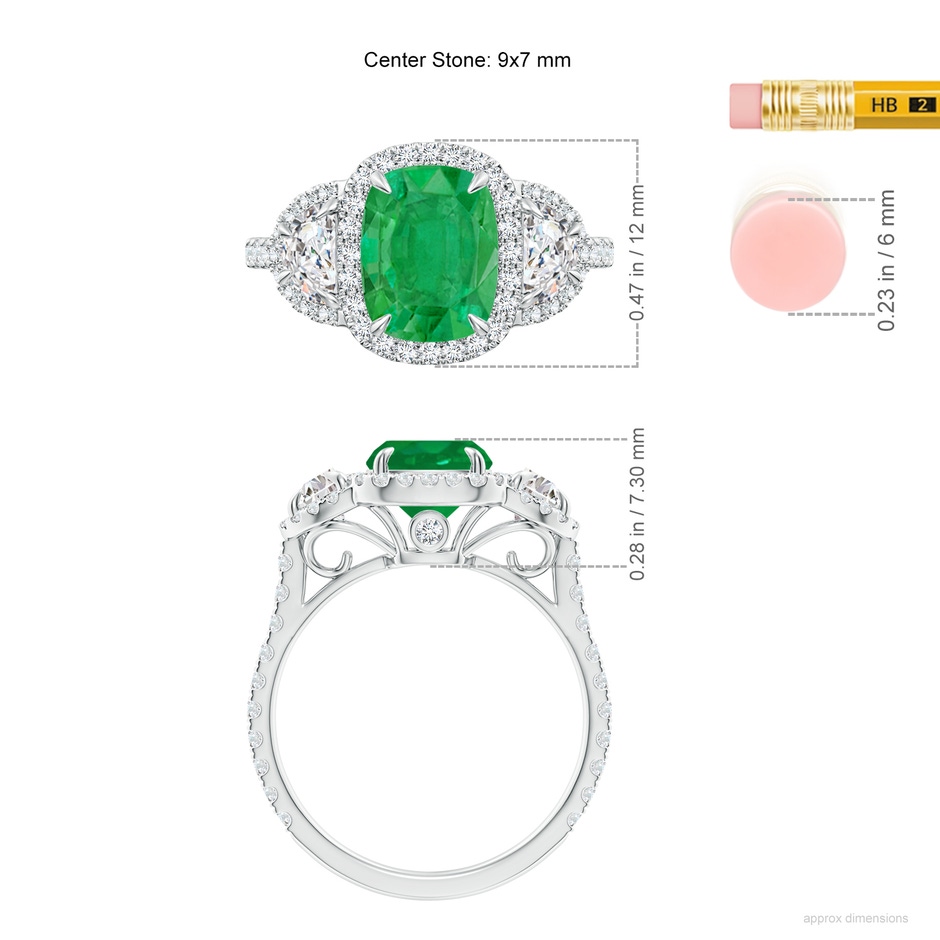 9x7mm AA Cushion Emerald and Half Moon Diamond Halo Ring in White Gold ruler