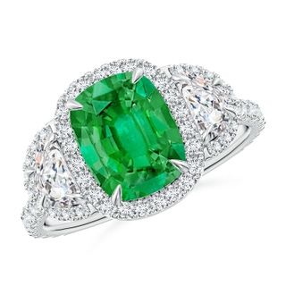 9x7mm AAA Cushion Emerald and Half Moon Diamond Halo Ring in P950 Platinum