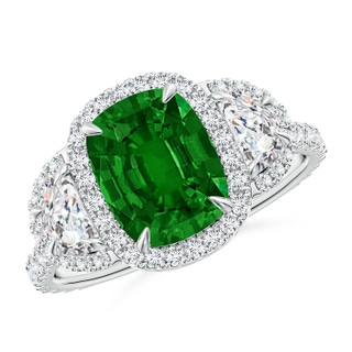 9x7mm AAAA Cushion Emerald and Half Moon Diamond Halo Ring in White Gold