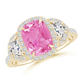 8x6mm AA Cushion Pink Sapphire and Half Moon Diamond Halo Ring in Yellow Gold