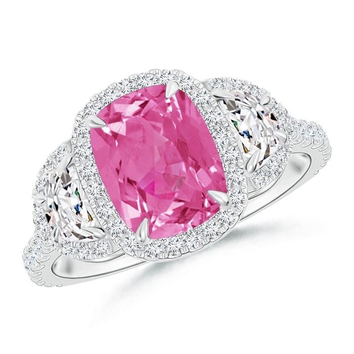 8x6mm AAA Cushion Pink Sapphire and Half Moon Diamond Halo Ring in White Gold