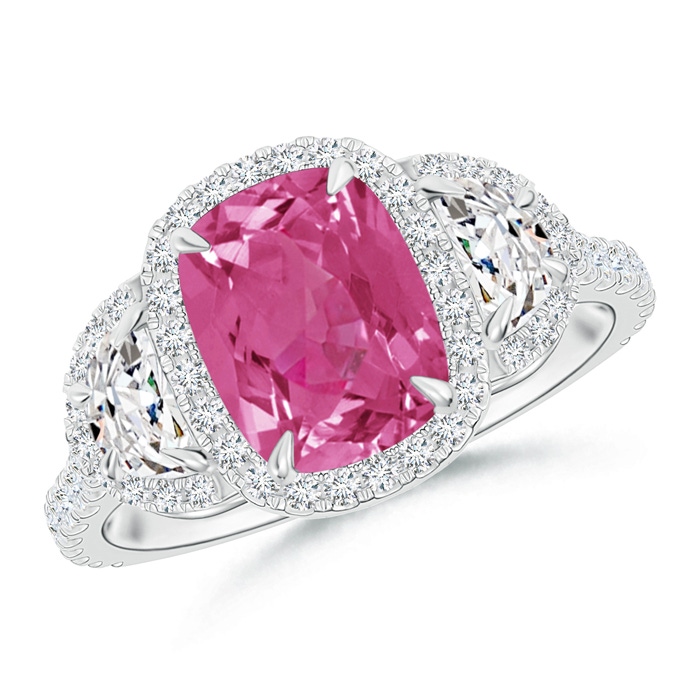 8x6mm AAAA Cushion Pink Sapphire and Half Moon Diamond Halo Ring in P950 Platinum 