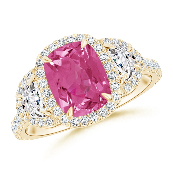 8x6mm AAAA Cushion Pink Sapphire and Half Moon Diamond Halo Ring in Yellow Gold