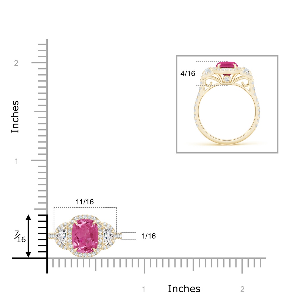 8x6mm AAAA Cushion Pink Sapphire and Half Moon Diamond Halo Ring in Yellow Gold Product Image
