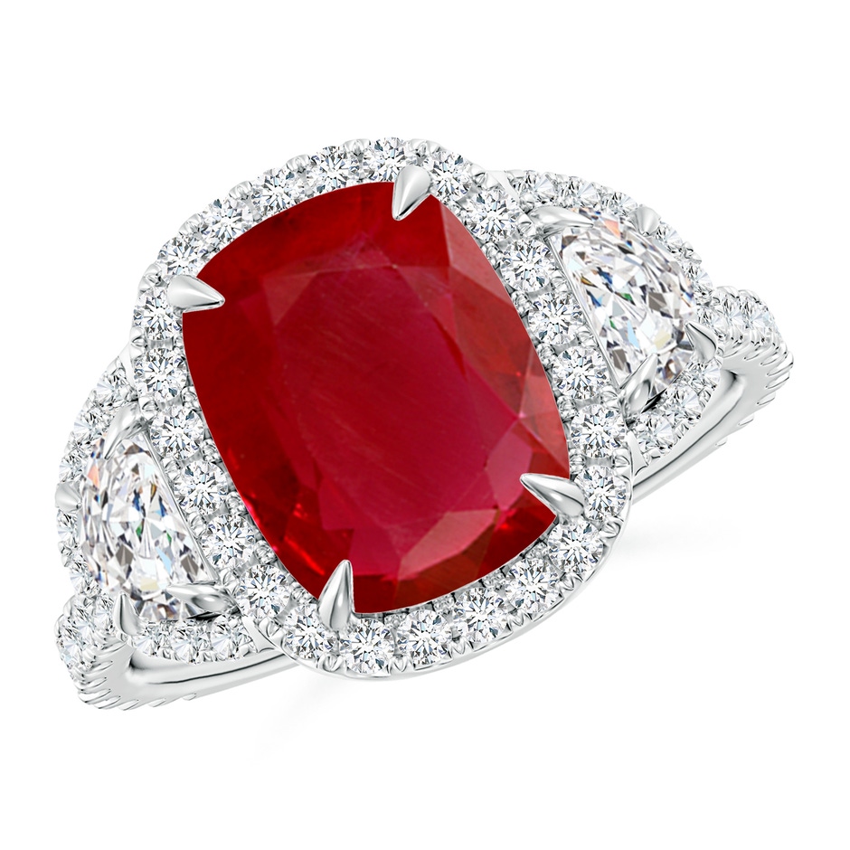 10x8mm AA Cushion Ruby and Half Moon Diamond Halo Ring in P950 Platinum 