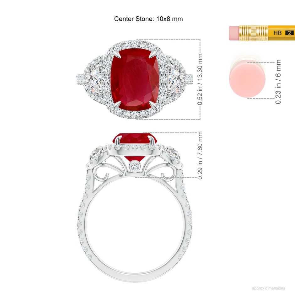 10x8mm AA Cushion Ruby and Half Moon Diamond Halo Ring in P950 Platinum ruler