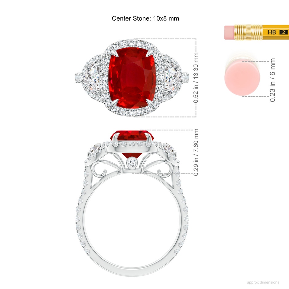 10x8mm AAA Cushion Ruby and Half Moon Diamond Halo Ring in White Gold ruler