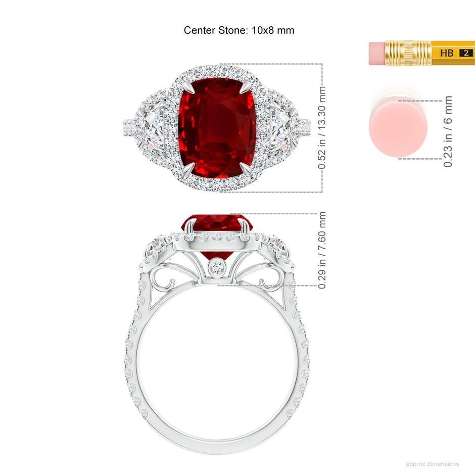 10x8mm AAAA Cushion Ruby and Half Moon Diamond Halo Ring in P950 Platinum ruler