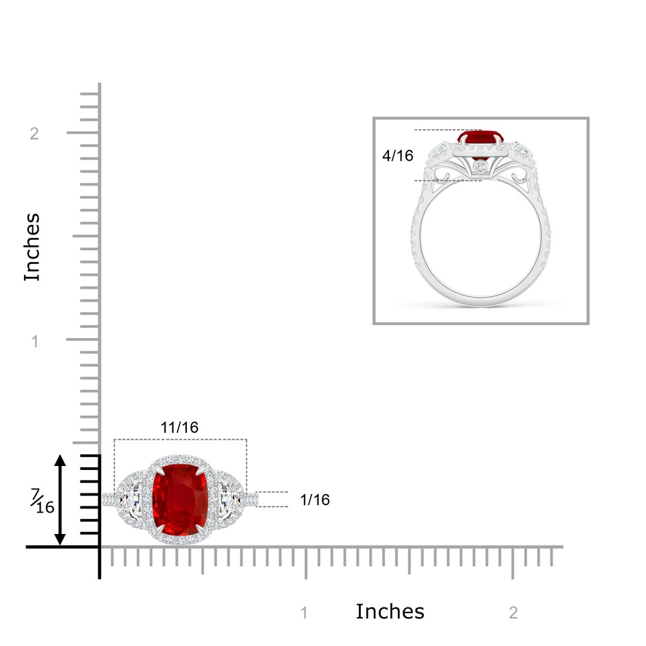 8x6mm AAA Cushion Ruby and Half Moon Diamond Halo Ring in White Gold ruler