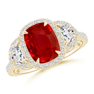 8x6mm AAA Cushion Ruby and Half Moon Diamond Halo Ring in Yellow Gold