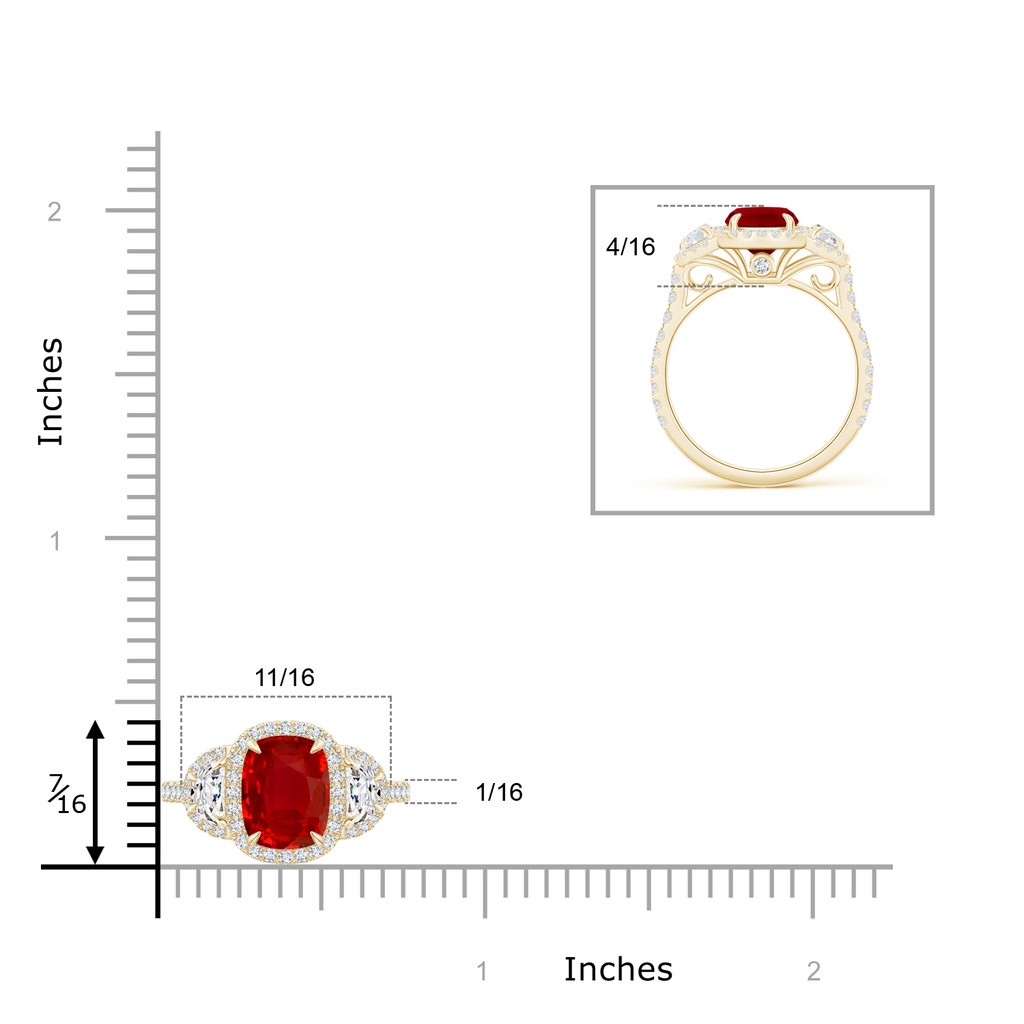 8x6mm AAA Cushion Ruby and Half Moon Diamond Halo Ring in Yellow Gold ruler