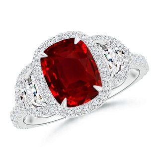8x6mm AAAA Cushion Ruby and Half Moon Diamond Halo Ring in White Gold