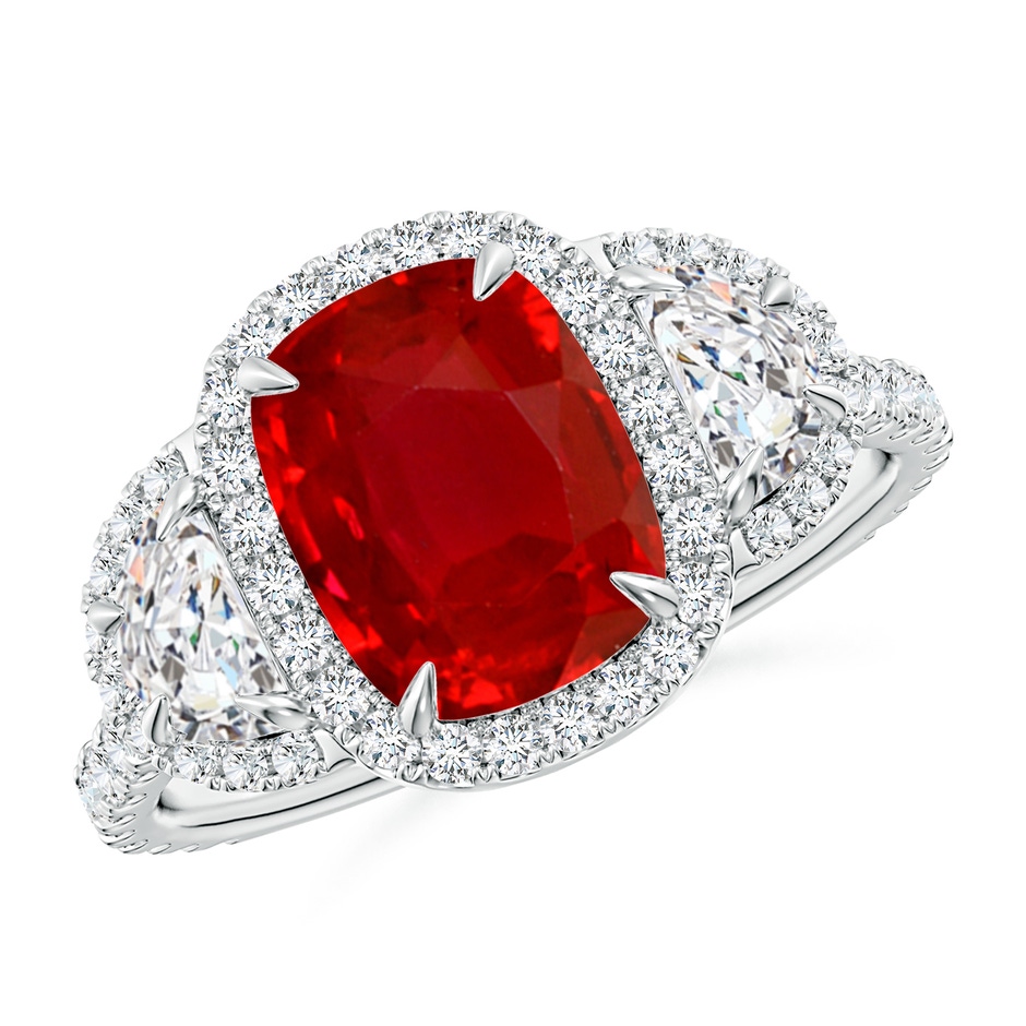 9x7mm AAA Cushion Ruby and Half Moon Diamond Halo Ring in White Gold 