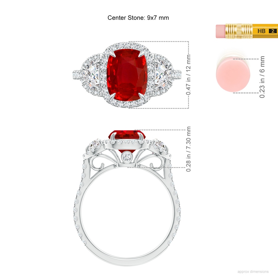 9x7mm AAA Cushion Ruby and Half Moon Diamond Halo Ring in White Gold ruler