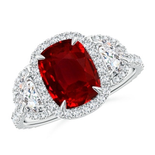 9x7mm AAAA Cushion Ruby and Half Moon Diamond Halo Ring in White Gold