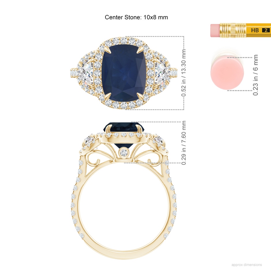 10x8mm A Cushion Blue Sapphire and Half Moon Diamond Halo Ring in Yellow Gold ruler
