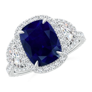 10x8mm AA Cushion Blue Sapphire and Half Moon Diamond Halo Ring in P950 Platinum