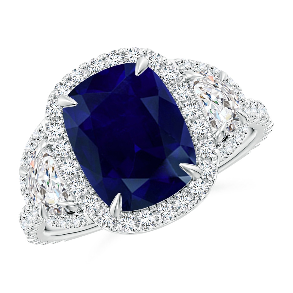 10x8mm AA Cushion Blue Sapphire and Half Moon Diamond Halo Ring in White Gold 