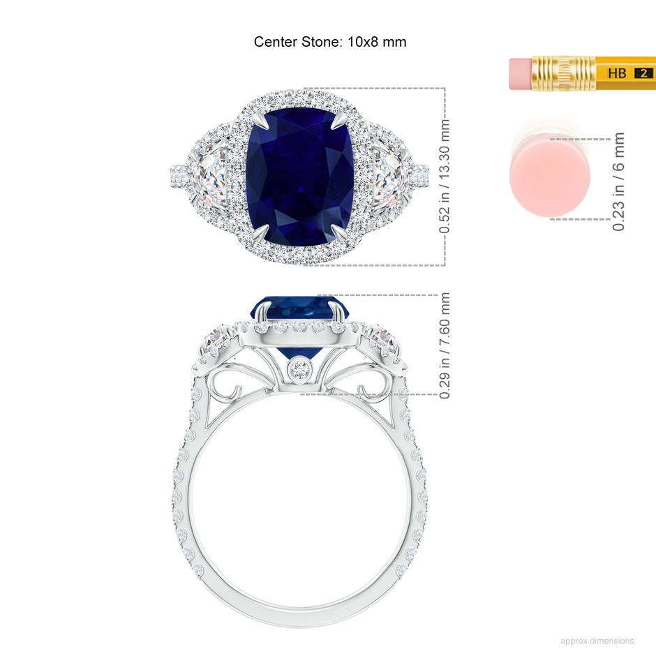 10x8mm AA Cushion Blue Sapphire and Half Moon Diamond Halo Ring in White Gold ruler