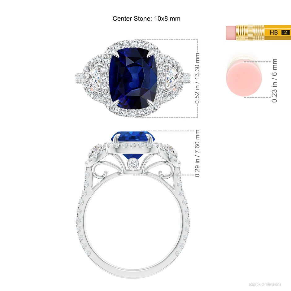 10x8mm AAA Cushion Blue Sapphire and Half Moon Diamond Halo Ring in White Gold ruler