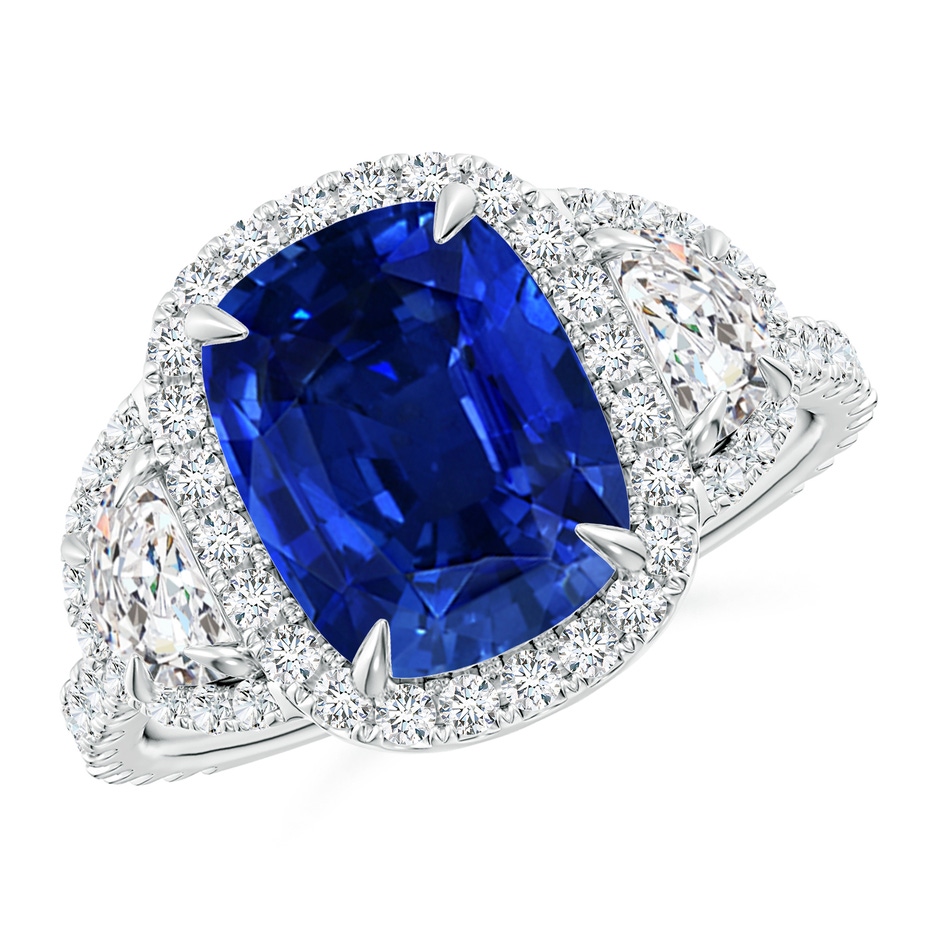 10x8mm AAAA Cushion Blue Sapphire and Half Moon Diamond Halo Ring in P950 Platinum 