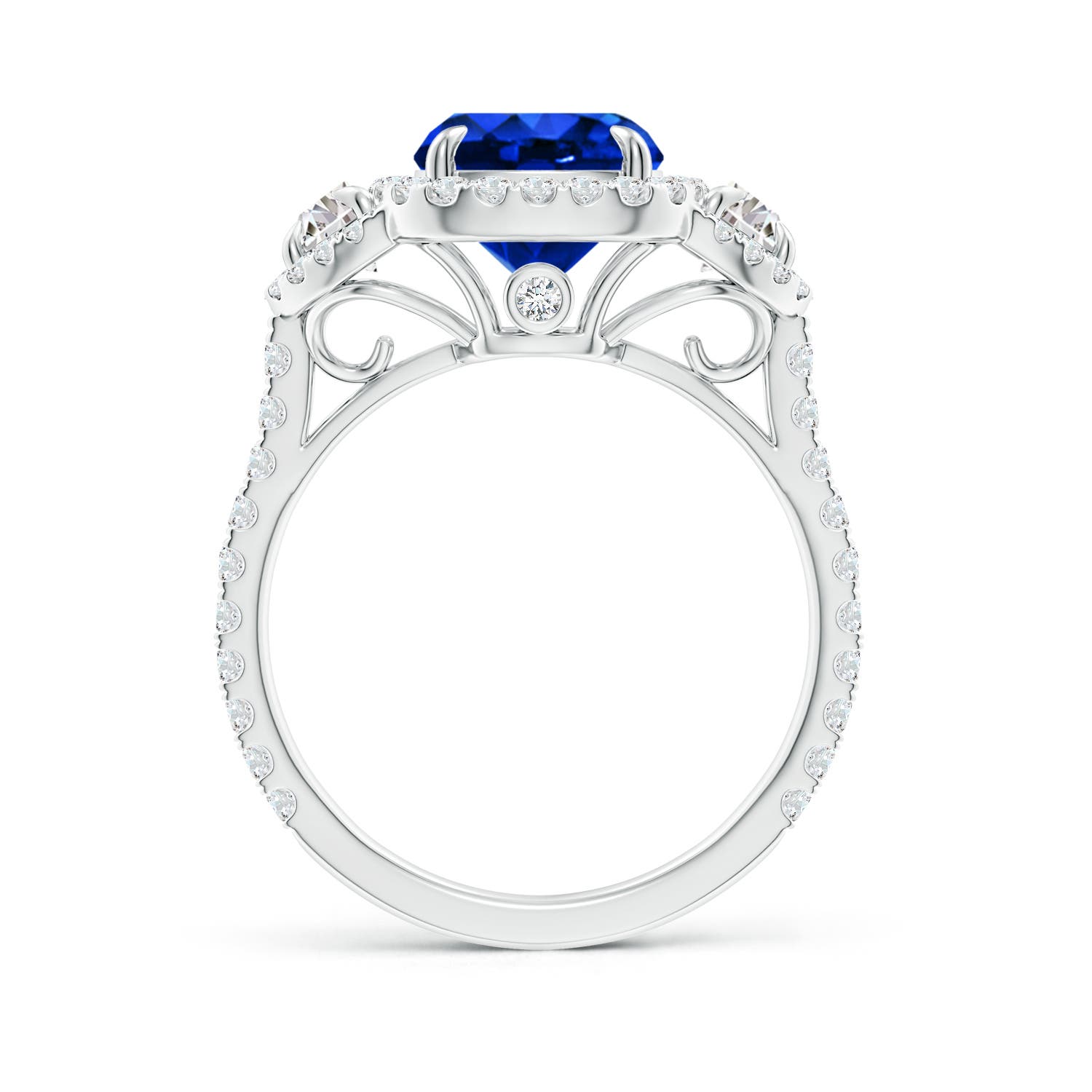 10x8mm AAAA Cushion Blue Sapphire and Half Moon Diamond Halo Ring in White Gold - side 3