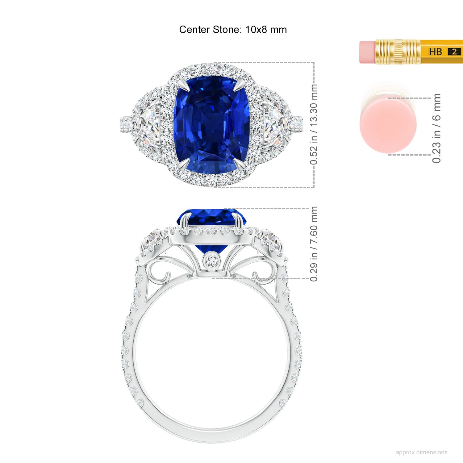 10x8mm AAAA Cushion Blue Sapphire and Half Moon Diamond Halo Ring in White Gold - ruler