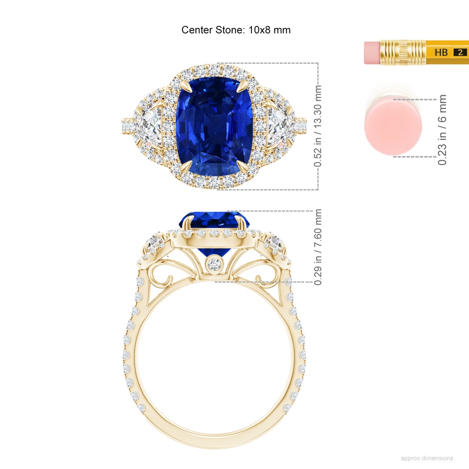10x8mm Lab-Grown Cushion Blue Sapphire and Half Moon Diamond Halo Ring in Yellow Gold ruler