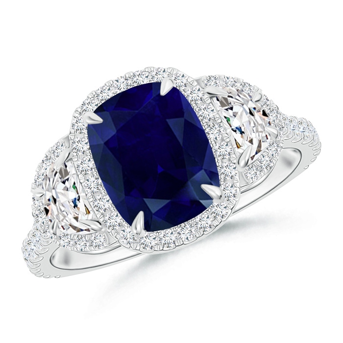 8x6mm AA Cushion Blue Sapphire and Half Moon Diamond Halo Ring in White Gold 
