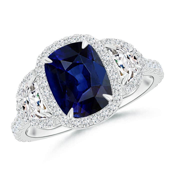 Cushion Blue Sapphire and Half Moon Diamond Halo Ring