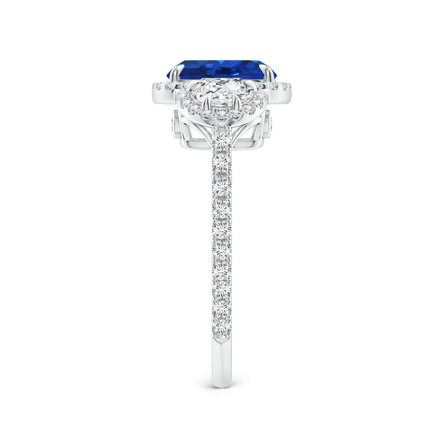 Cushion Blue Sapphire and Half Moon Diamond Halo Ring