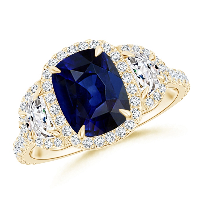 8x6mm AAA Cushion Blue Sapphire and Half Moon Diamond Halo Ring in Yellow Gold 