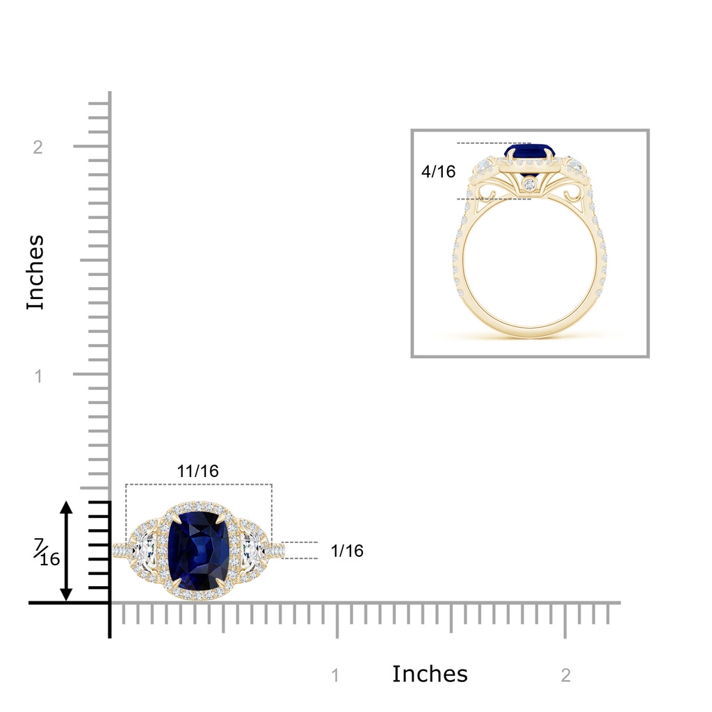 8x6mm AAA Cushion Blue Sapphire and Half Moon Diamond Halo Ring in Yellow Gold ruler