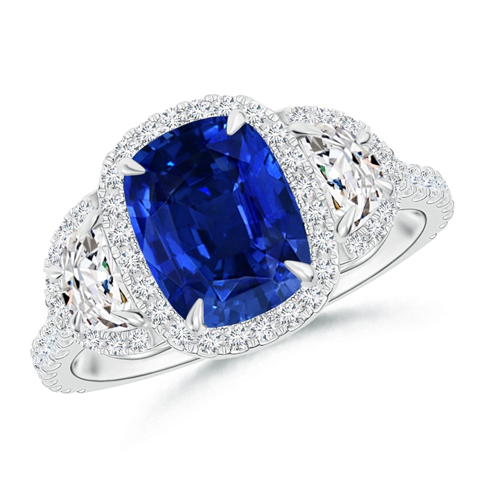 8x6mm AAAA Cushion Blue Sapphire and Half Moon Diamond Halo Ring in P950 Platinum 