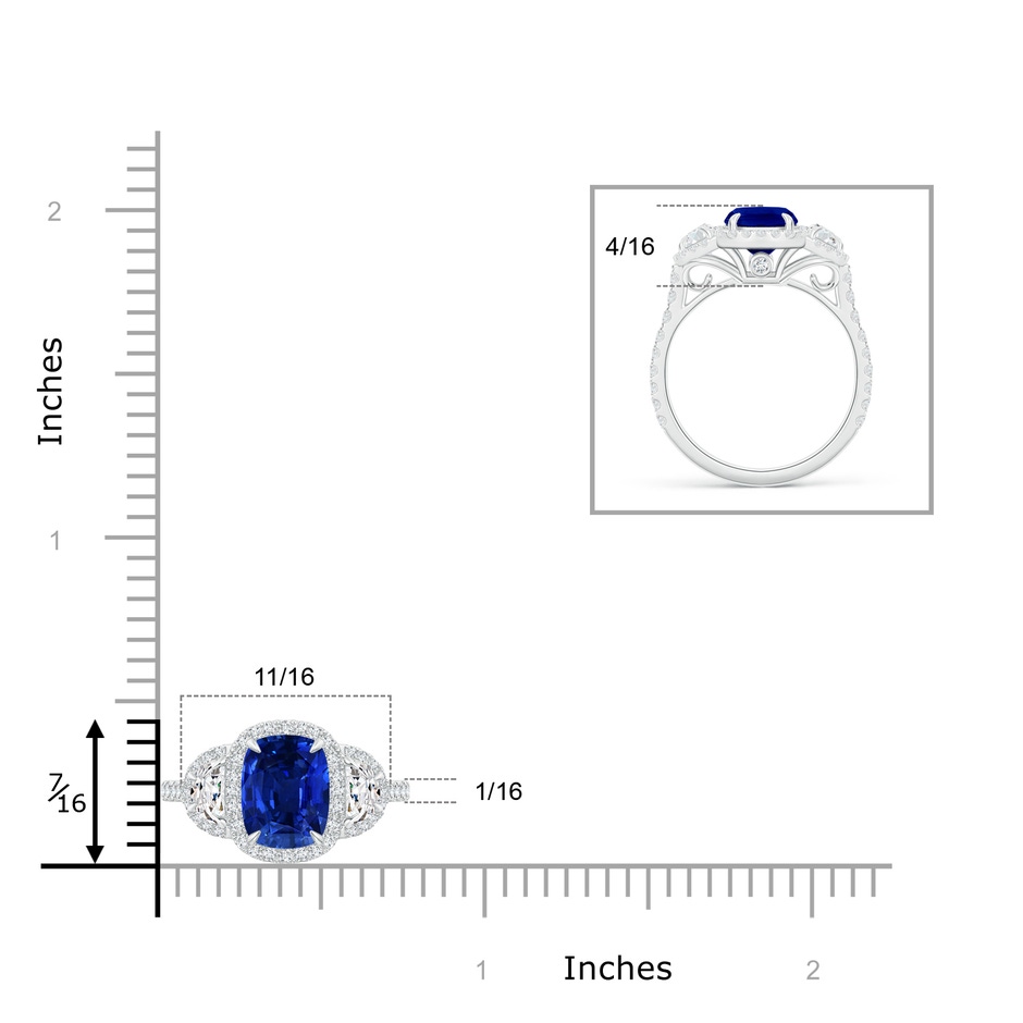 8x6mm AAAA Cushion Blue Sapphire and Half Moon Diamond Halo Ring in P950 Platinum ruler