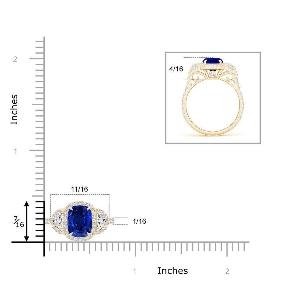 8x6mm Lab-Grown Cushion Blue Sapphire and Half Moon Diamond Halo Ring in Yellow Gold ruler