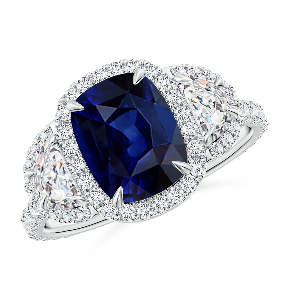 9x7mm AAA Cushion Blue Sapphire and Half Moon Diamond Halo Ring in White Gold 