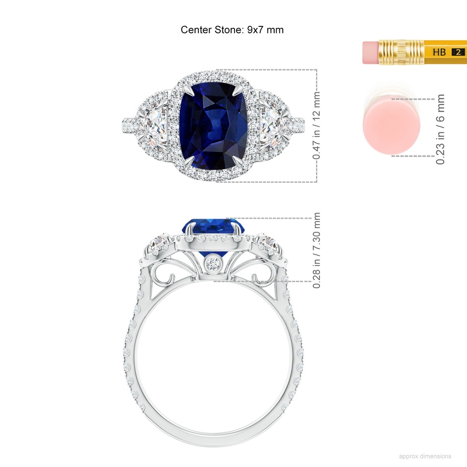 9x7mm AAA Cushion Blue Sapphire and Half Moon Diamond Halo Ring in White Gold ruler