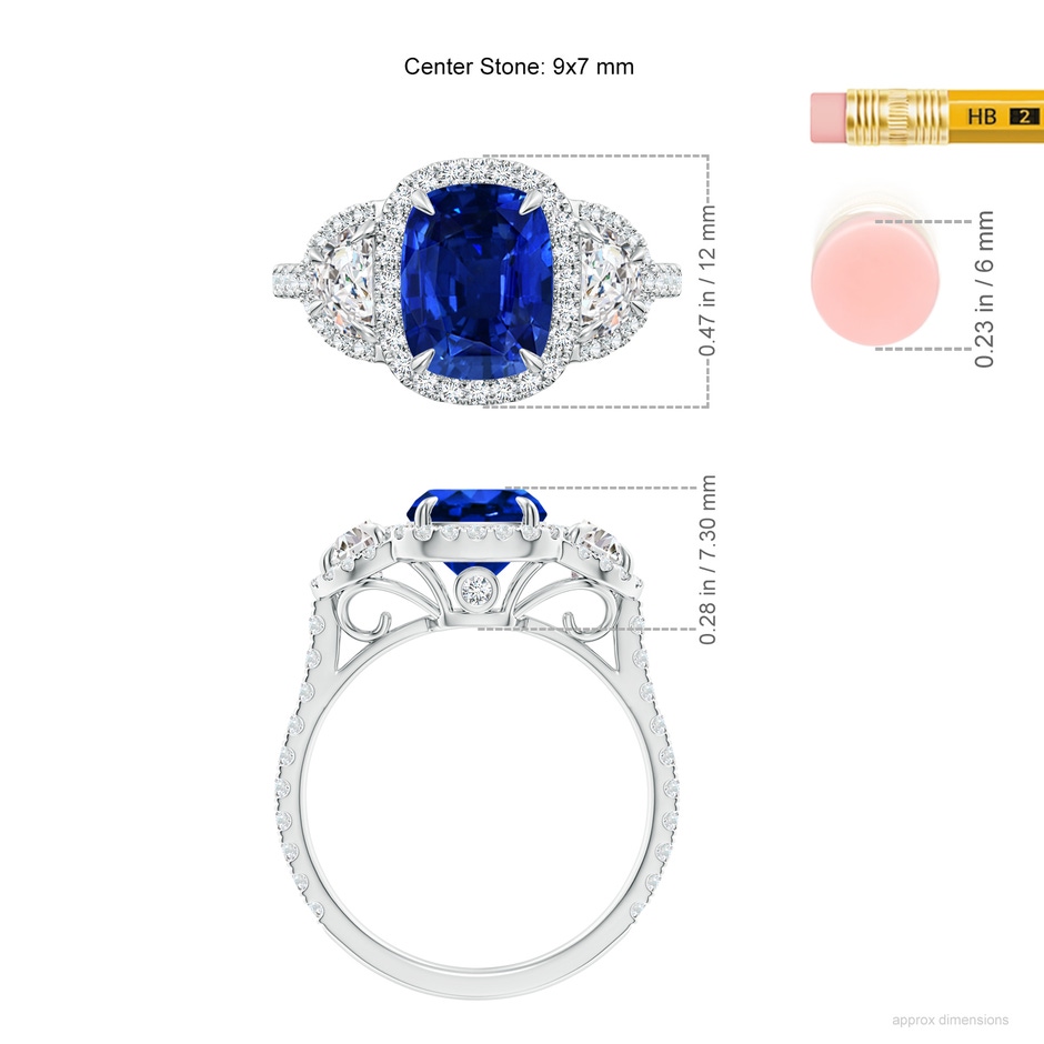 9x7mm AAAA Cushion Blue Sapphire and Half Moon Diamond Halo Ring in P950 Platinum ruler