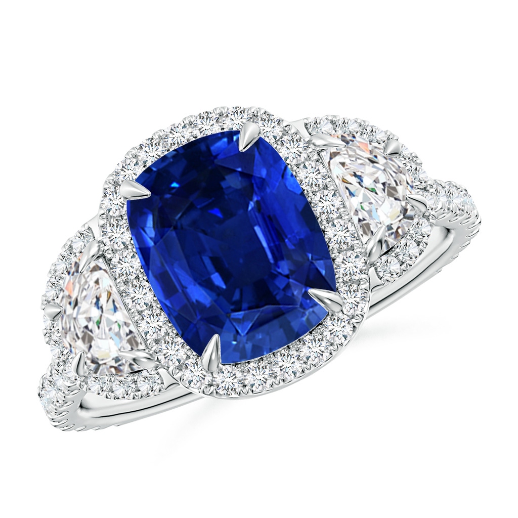 9x7mm Lab-Grown Cushion Blue Sapphire and Half Moon Diamond Halo Ring in White Gold