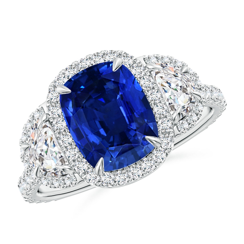 9x7mm Lab-Grown Cushion Blue Sapphire and Half Moon Diamond Halo Ring in White Gold 