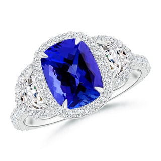 8x6mm AAAA Cushion Tanzanite and Half Moon Diamond Halo Ring in White Gold