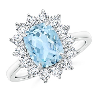 9x7mm AAA Rectangular Cushion Aquamarine Ring with Diamond Floral Halo in P950 Platinum