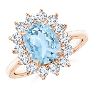 9x7mm AAA Rectangular Cushion Aquamarine Ring with Diamond Floral Halo in Rose Gold