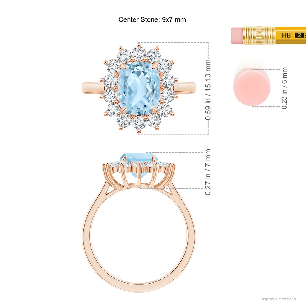 9x7mm AAA Rectangular Cushion Aquamarine Ring with Diamond Floral Halo in Rose Gold ruler