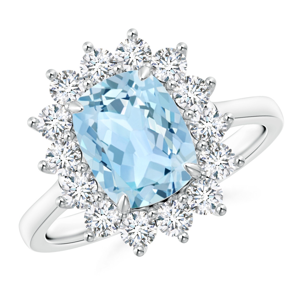 9x7mm AAA Rectangular Cushion Aquamarine Ring with Diamond Floral Halo in White Gold