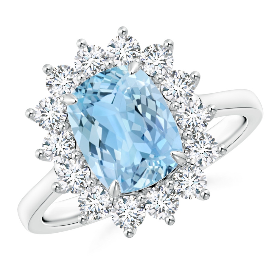 9x7mm AAAA Rectangular Cushion Aquamarine Ring with Diamond Floral Halo in White Gold 